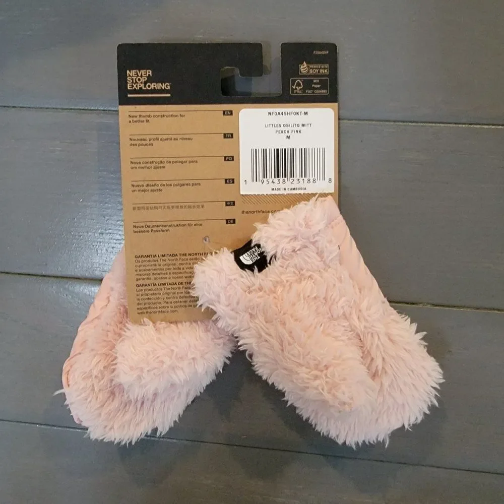 The North Face baby Suave Oso Faux Fur Mittens, Size Medium in Peach Pink